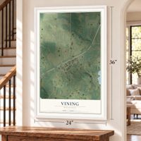 Vining, Minnesota map, 24 x 36 inch print in a white frame by a staircase