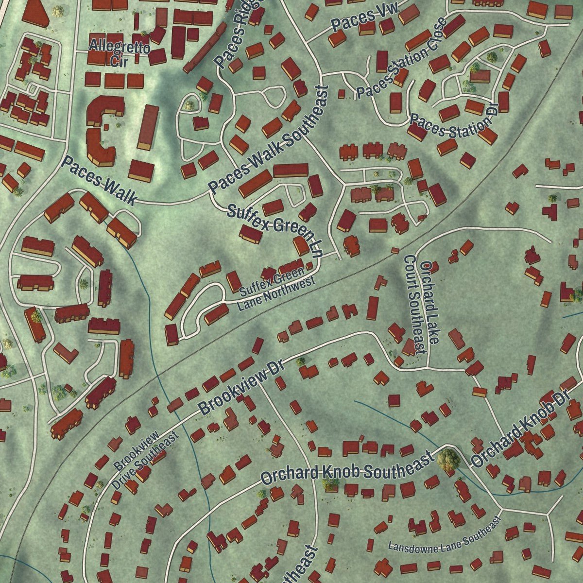 Second close-up of the map of Vinings, Georgia print showing more streets and buildings