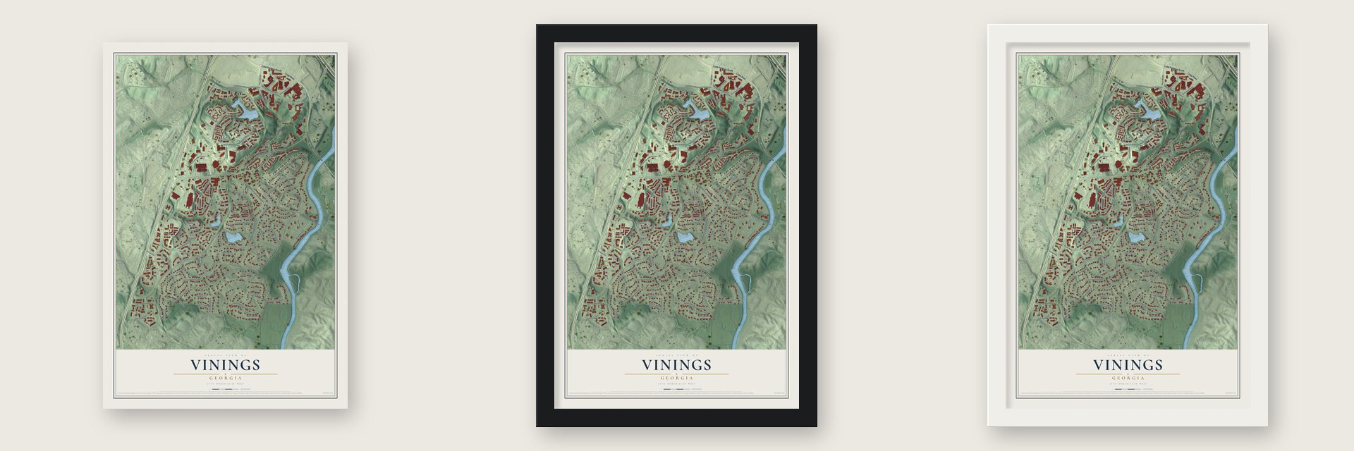 Vinings, Georgia map unframed, in a black wood frame and in a white wood frame