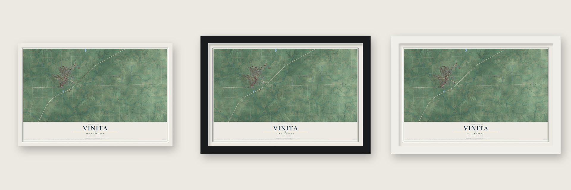 Vinita, Oklahoma map unframed, in a black wood frame and in a white wood frame