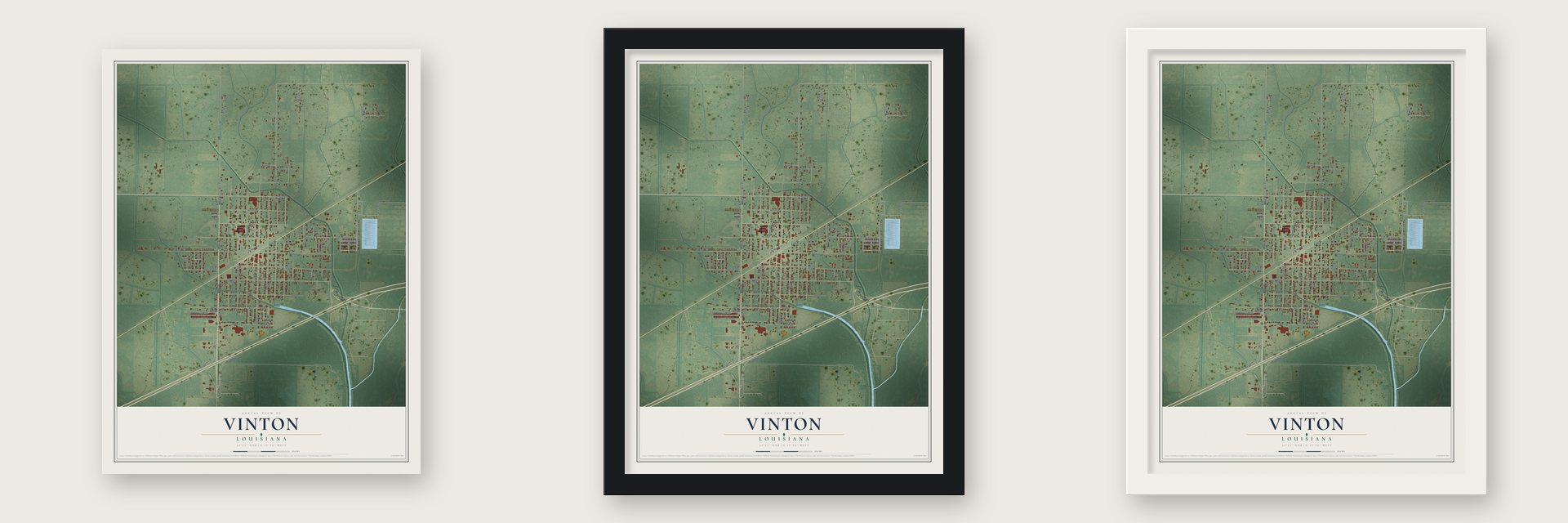 Vinton, Louisiana map unframed, in a black wood frame and in a white wood frame