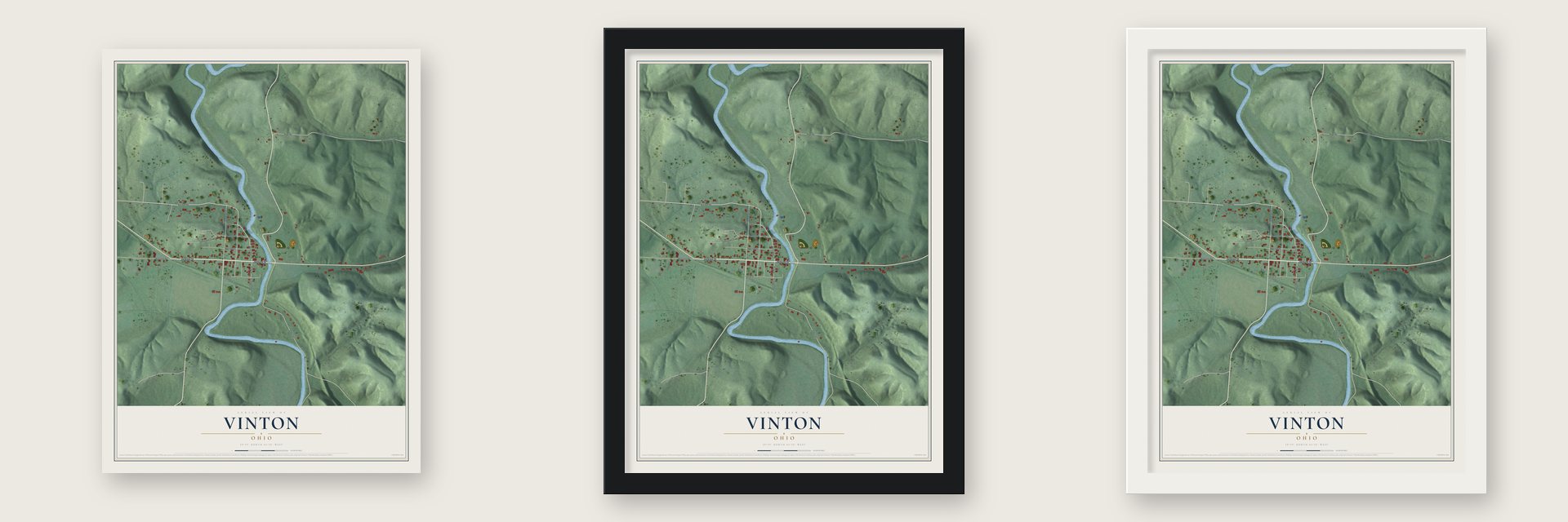 Vinton, Ohio map unframed, in a black wood frame and in a white wood frame