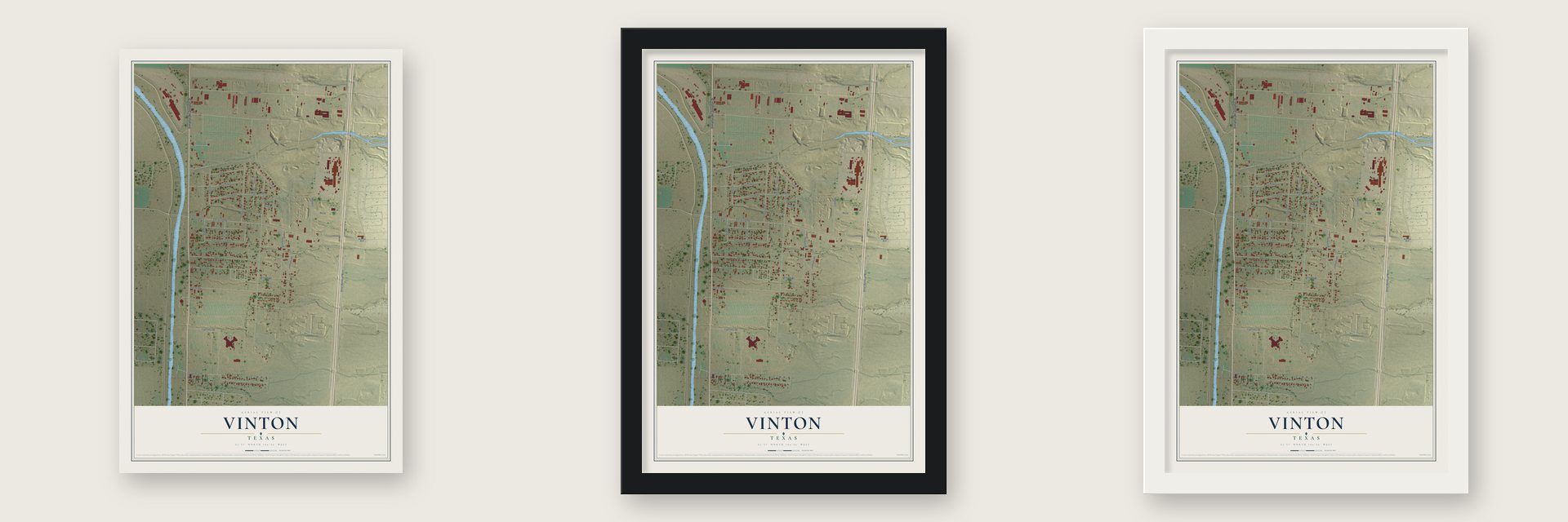 Vinton, Texas map unframed, in a black wood frame and in a white wood frame