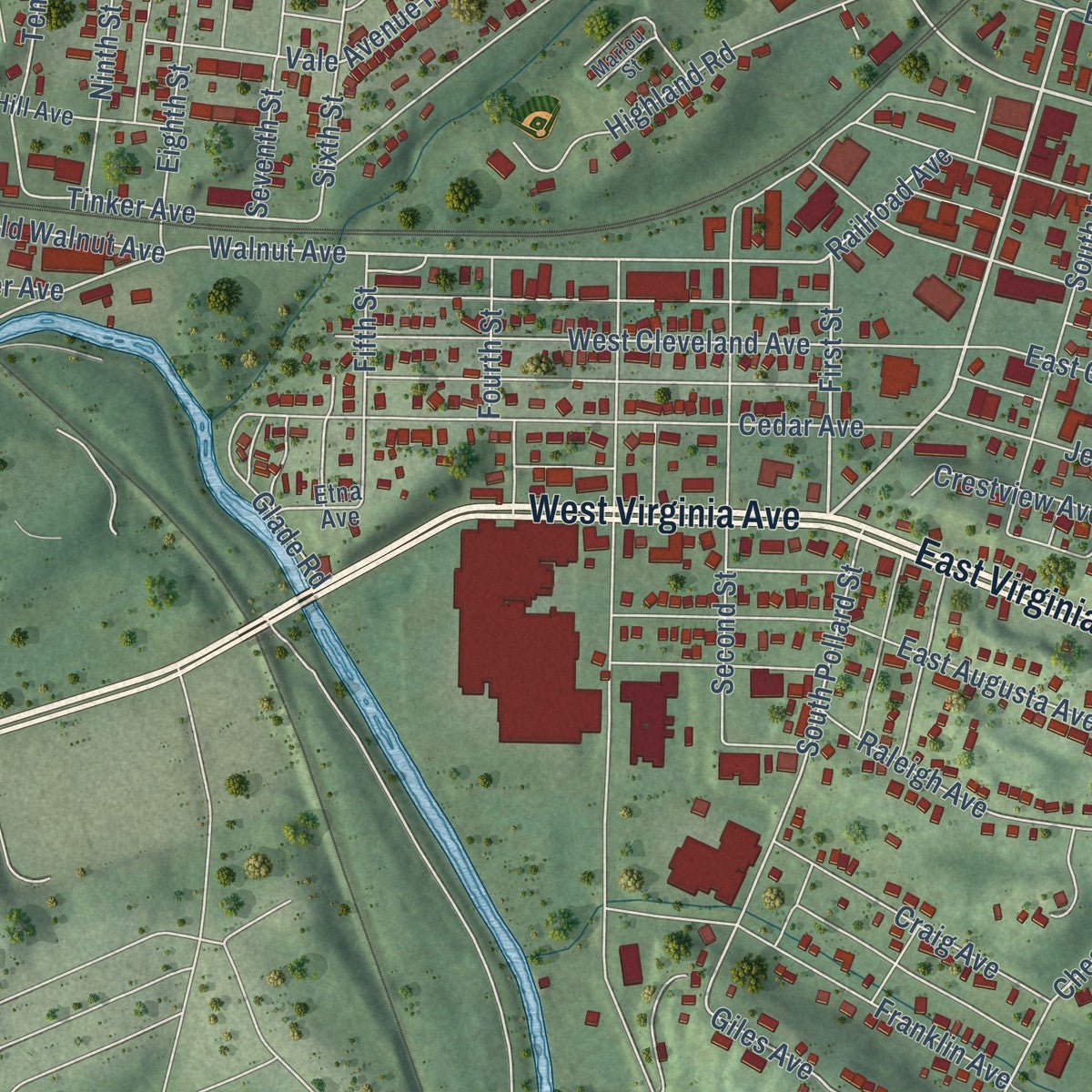 Second close-up of the map of Vinton, Virginia print showing more streets and buildings