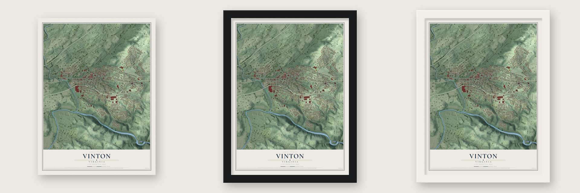 Vinton, Virginia map unframed, in a black wood frame and in a white wood frame