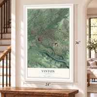 Vinton, Virginia map, 24 x 36 inch print in a white frame by a staircase