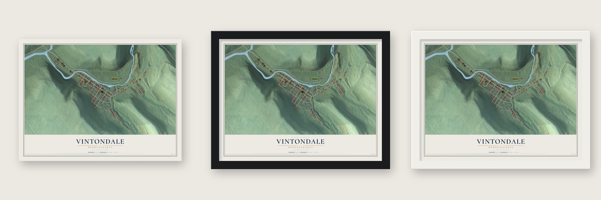Vintondale, Pennsylvania map unframed, in a black wood frame and in a white wood frame