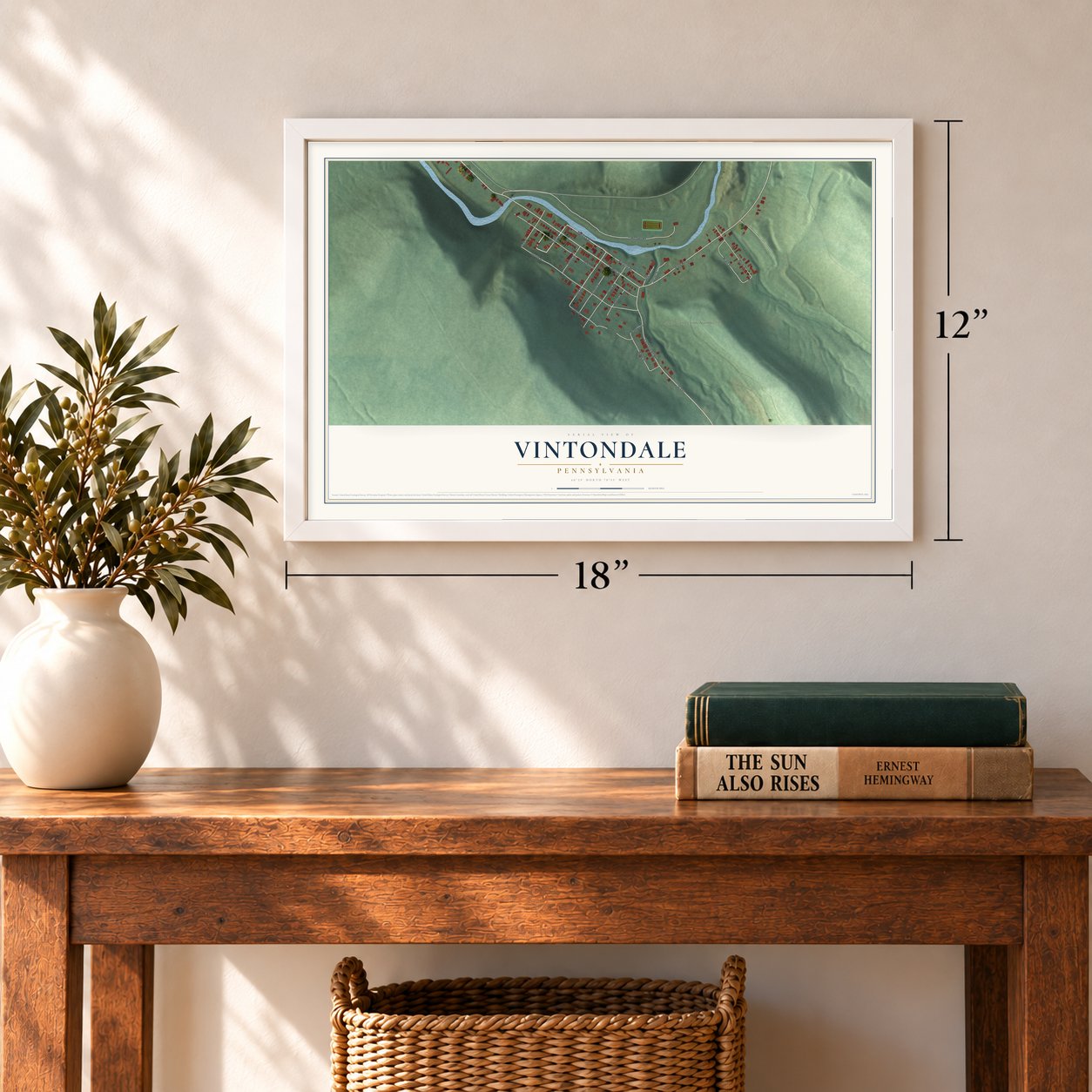 Vintondale, Pennsylvania map, 12 x 18 inch print in a white frame in an entryway