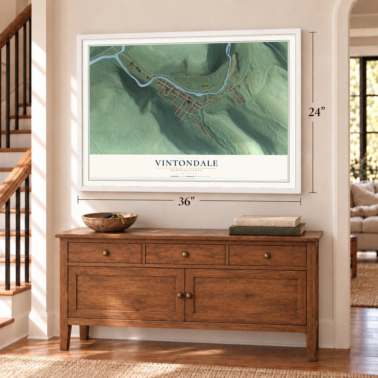 Vintondale, Pennsylvania map, 24 x 36 inch print in a white frame above a dresser by a staircase