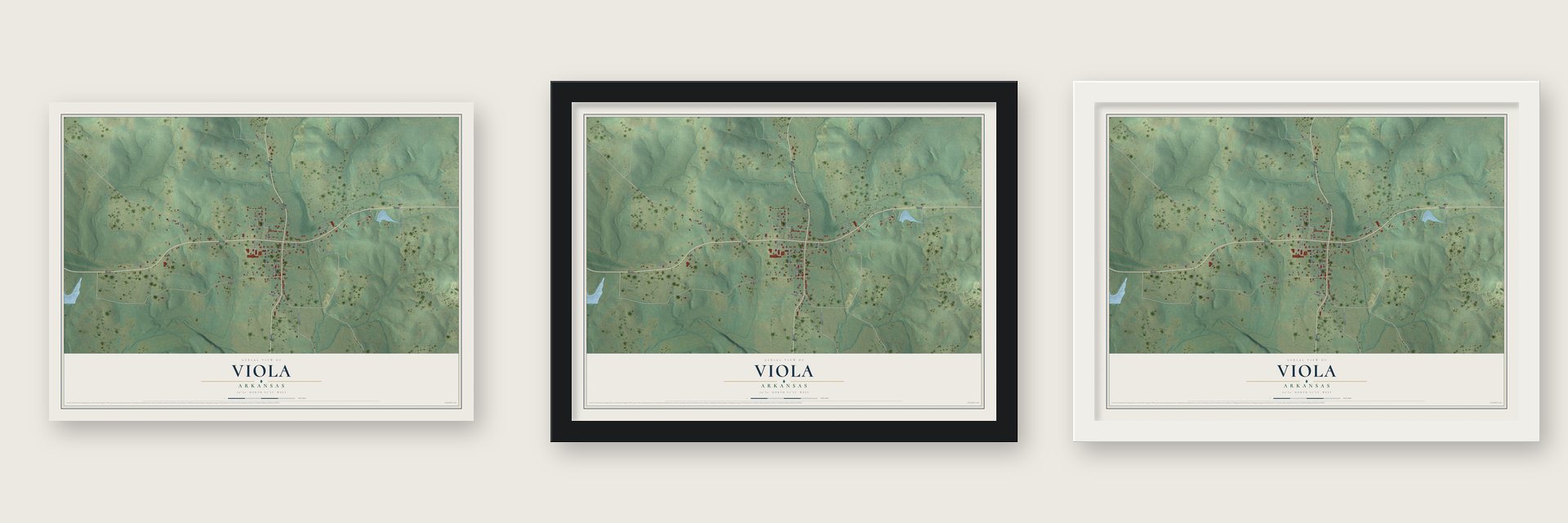 Viola, Arkansas map unframed, in a black wood frame and in a white wood frame