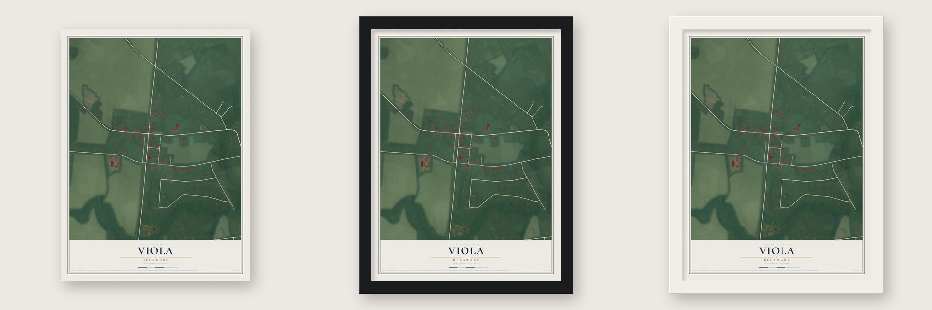 Viola, Delaware map unframed, in a black wood frame and in a white wood frame