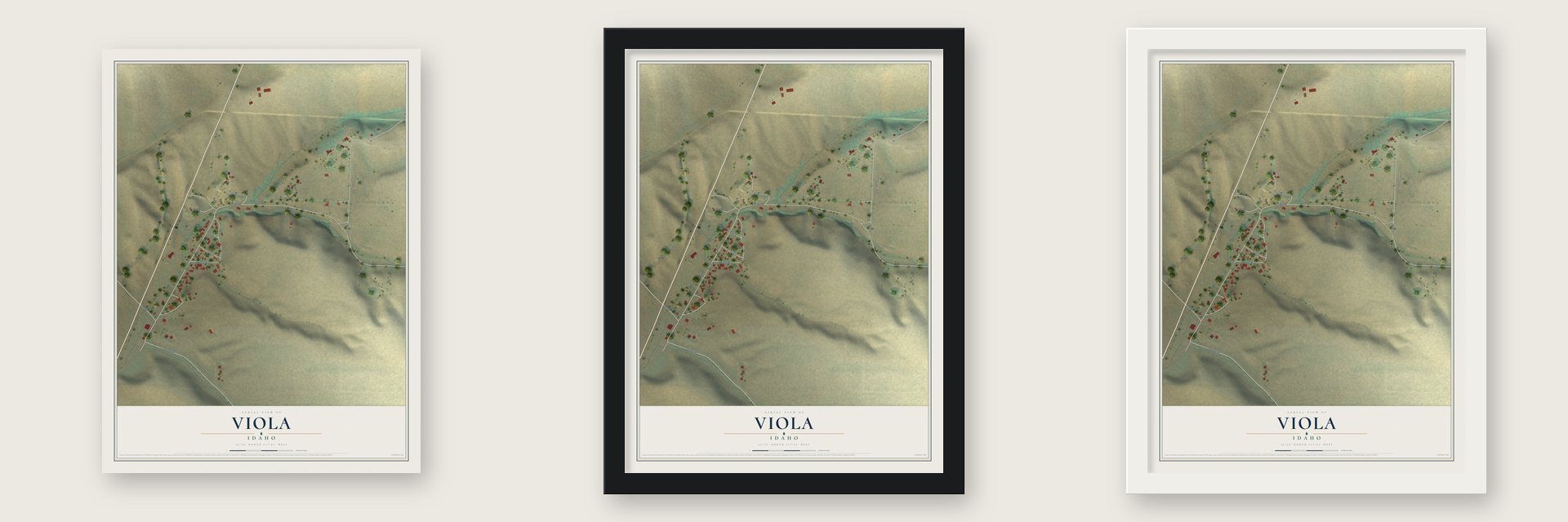 Viola, Idaho map unframed, in a black wood frame and in a white wood frame