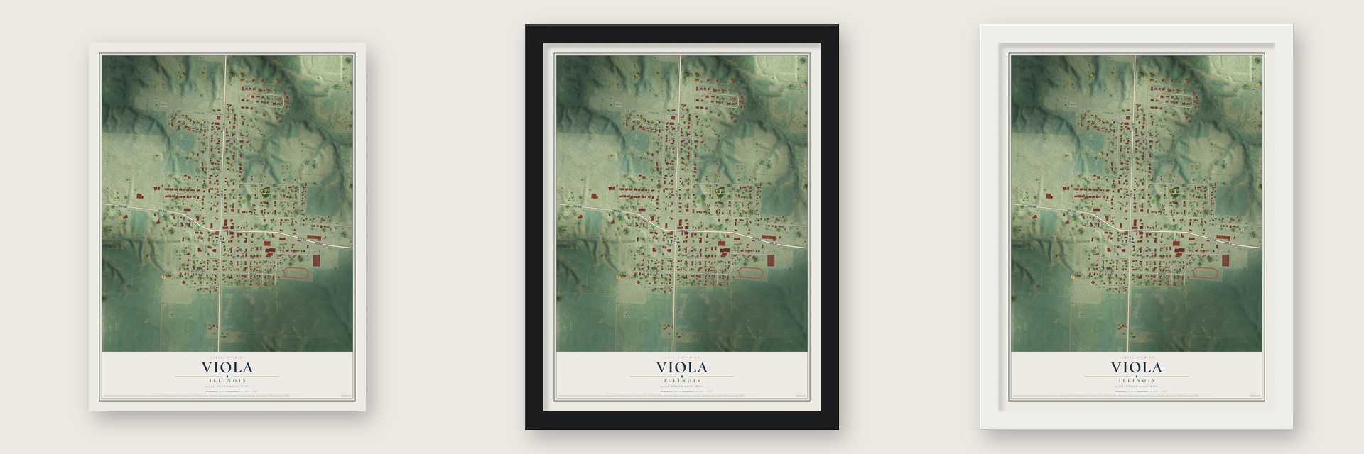 Viola, Illinois map unframed, in a black wood frame and in a white wood frame