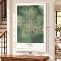 Viola, Illinois map, 24 x 36 inch print in a white frame by a staircase