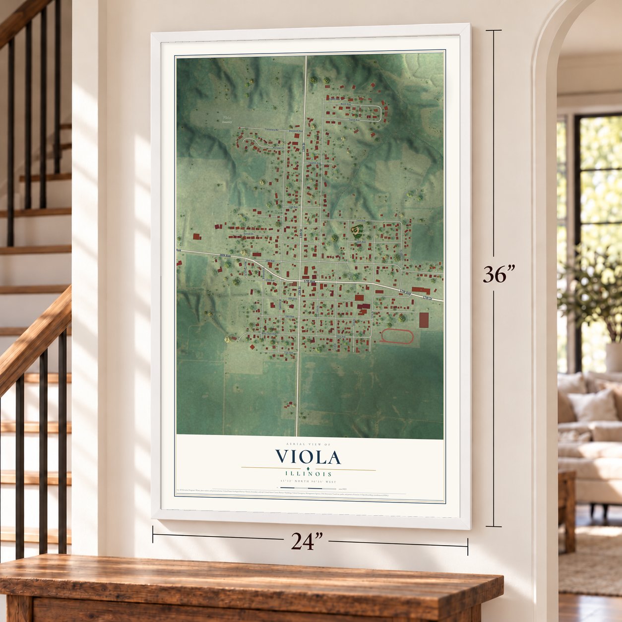 Viola, Illinois map, 24 x 36 inch print in a white frame by a staircase