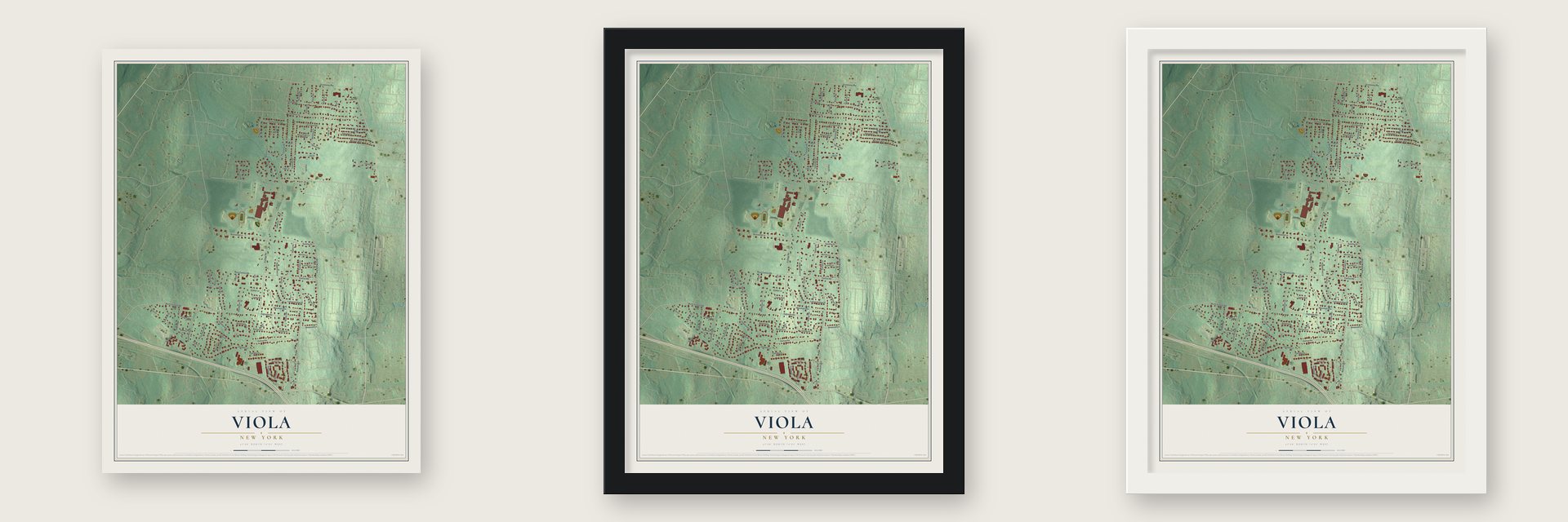 Viola, New York map unframed, in a black wood frame and in a white wood frame