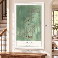 Viola, New York map, 24 x 36 inch print in a white frame by a staircase