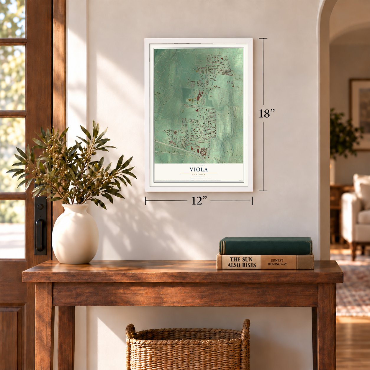 Viola, New York map, 12 x 18 inch print in a white frame in an entryway
