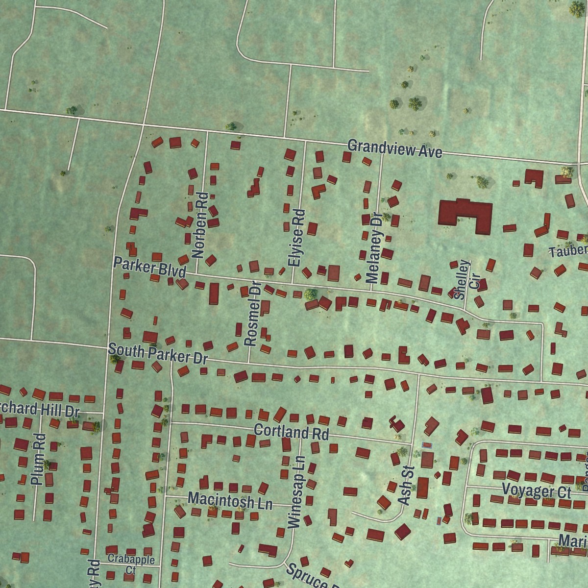 Second close-up of the map of Viola, New York print showing more streets and buildings