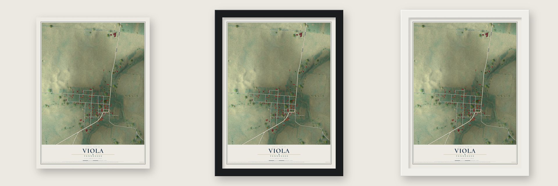 Viola, Tennessee map unframed, in a black wood frame and in a white wood frame