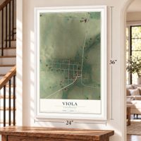 Viola, Tennessee map, 24 x 36 inch print in a white frame by a staircase