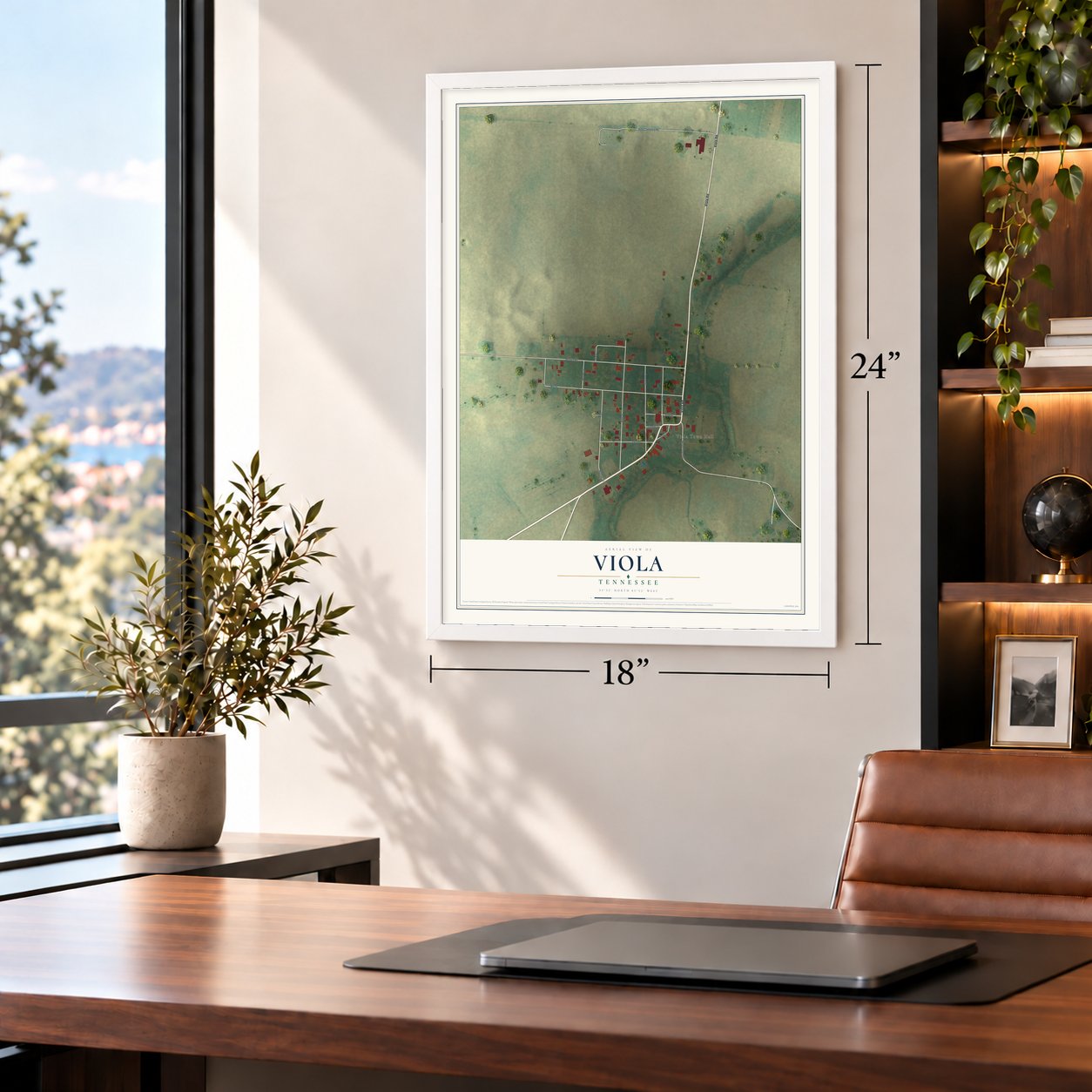 Viola, Tennessee map, 18 x 24 inch print in a white frame in a home office