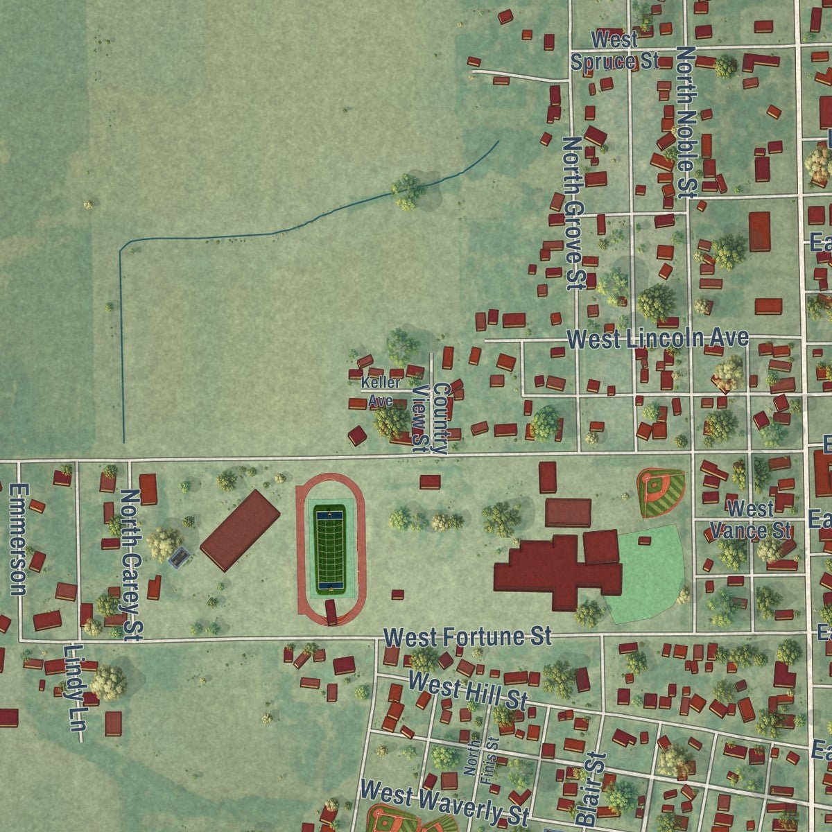 Second close-up of the map of Virden, Illinois print showing more streets and buildings