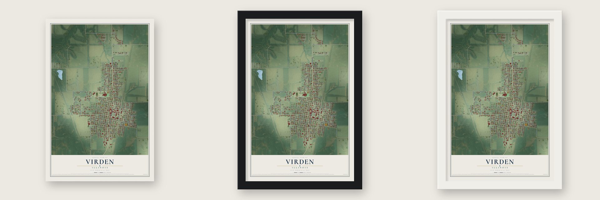 Virden, Illinois map unframed, in a black wood frame and in a white wood frame