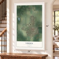 Virden, Illinois map, 24 x 36 inch print in a white frame by a staircase