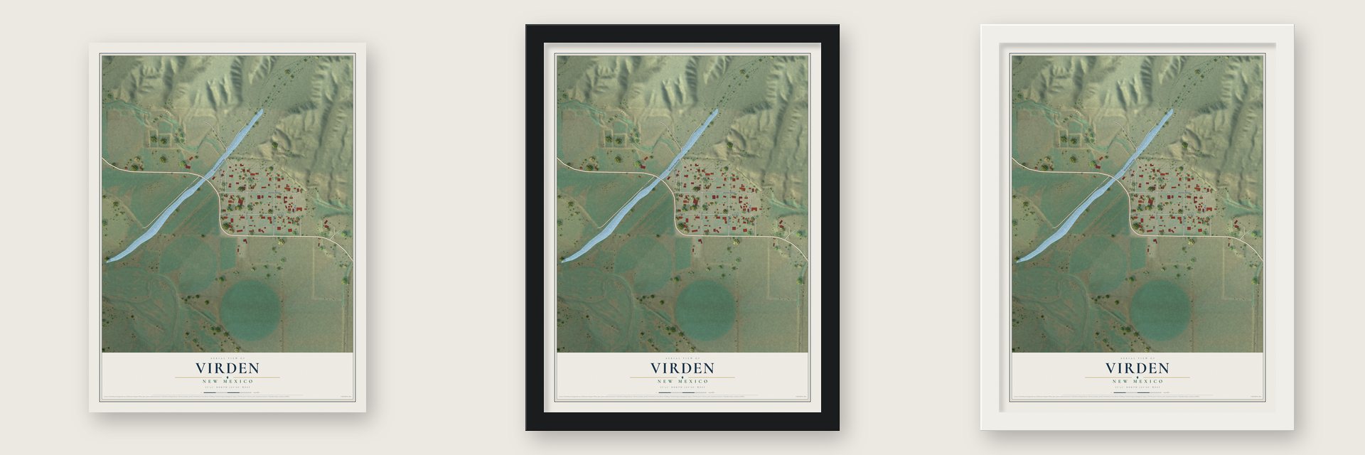 Virden, New Mexico map unframed, in a black wood frame and in a white wood frame