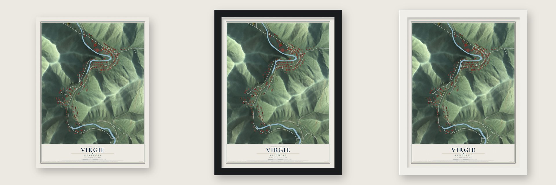 Virgie, Kentucky map unframed, in a black wood frame and in a white wood frame