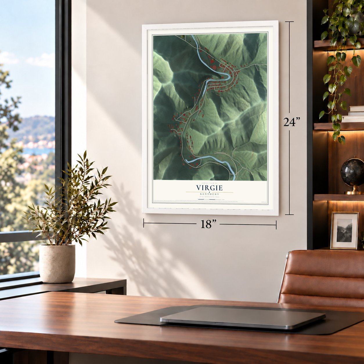 Virgie, Kentucky map, 18 x 24 inch print in a white frame in a home office
