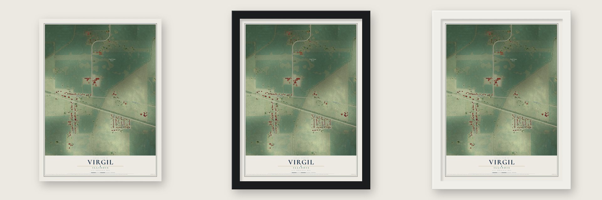 Virgil, Illinois map unframed, in a black wood frame and in a white wood frame