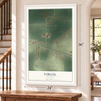 Virgil, Illinois map, 24 x 36 inch print in a white frame by a staircase
