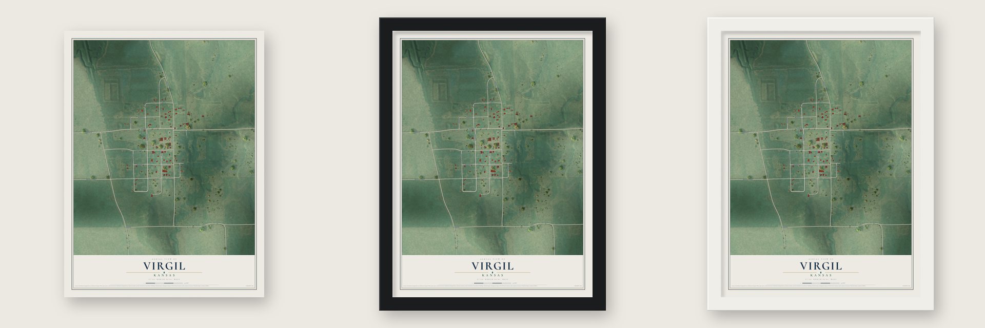 Virgil, Kansas map unframed, in a black wood frame and in a white wood frame