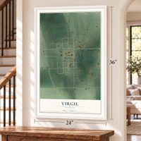 Virgil, Kansas map, 24 x 36 inch print in a white frame by a staircase