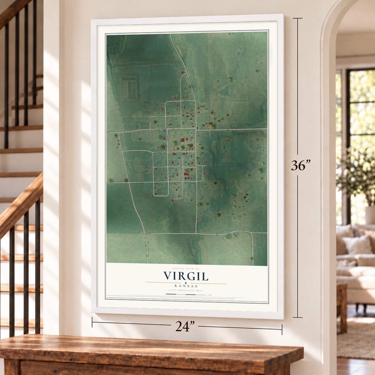 Virgil, Kansas map, 24 x 36 inch print in a white frame by a staircase