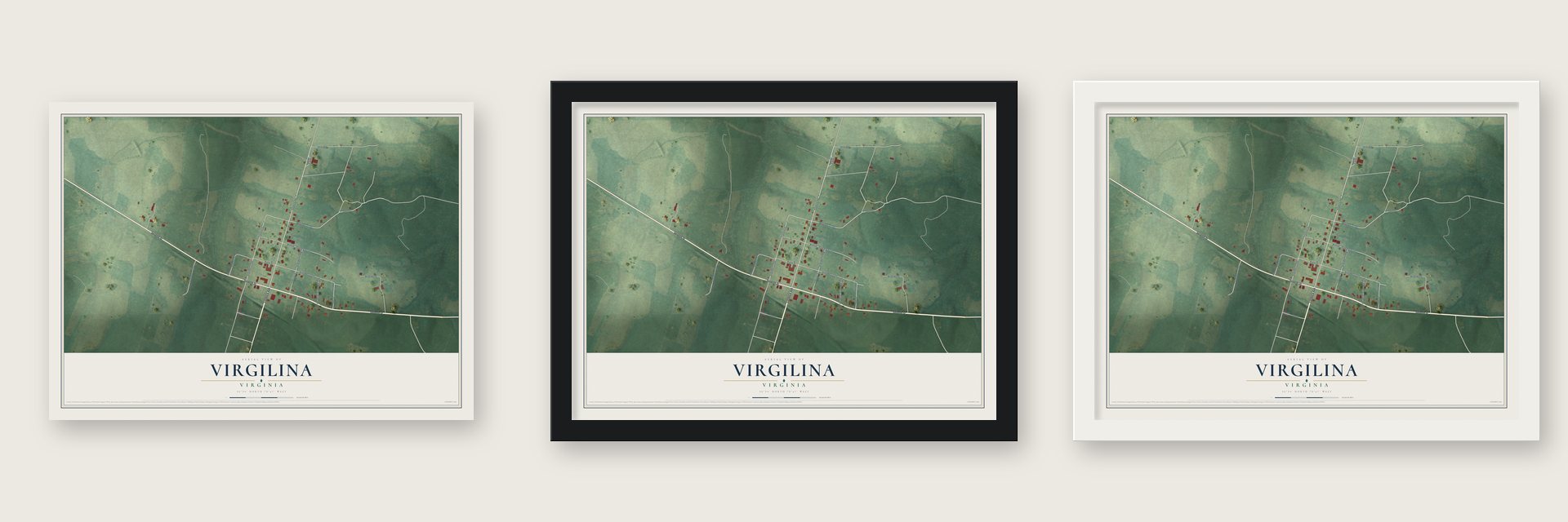 Virgilina, Virginia map unframed, in a black wood frame and in a white wood frame