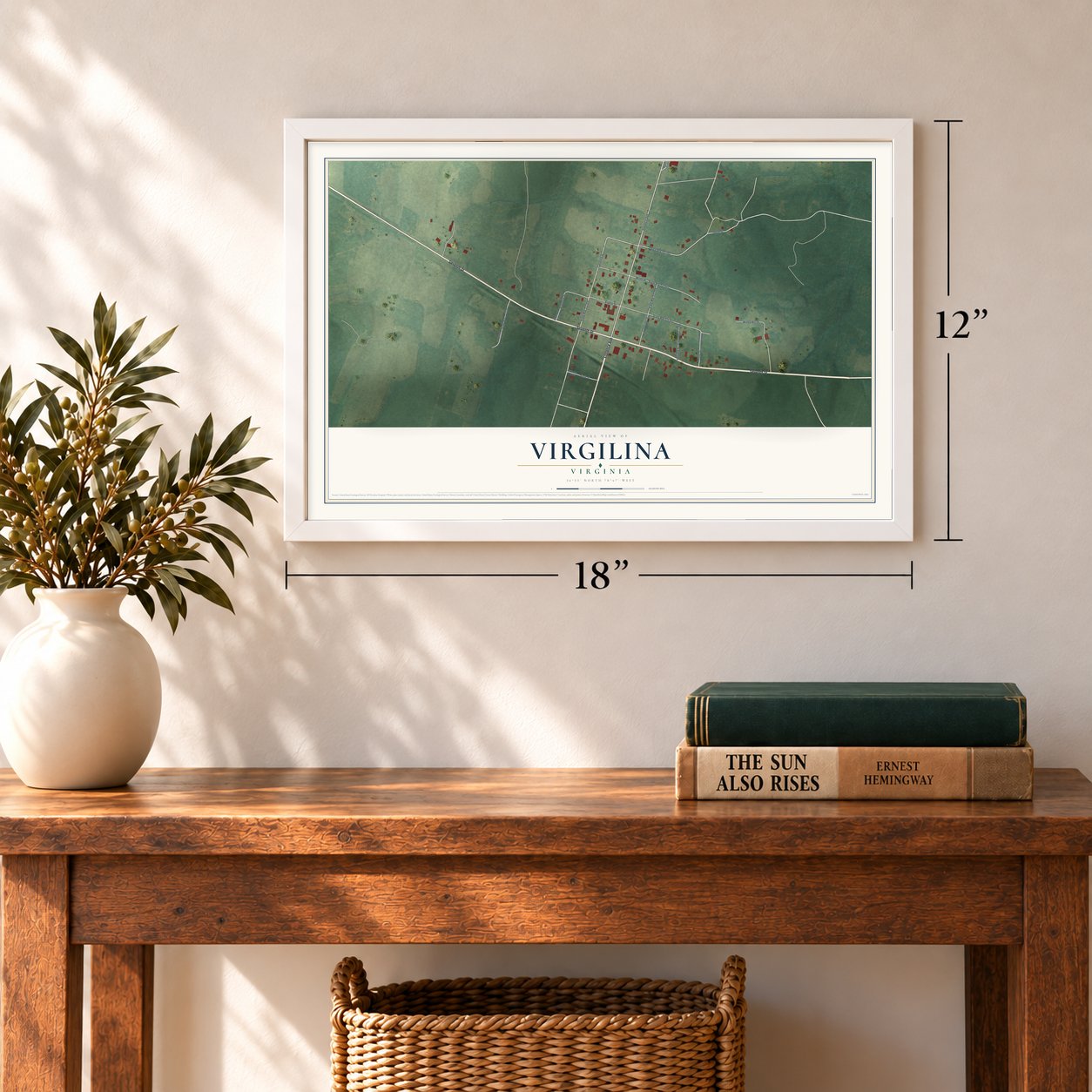 Virgilina, Virginia map, 12 x 18 inch print in a white frame in an entryway