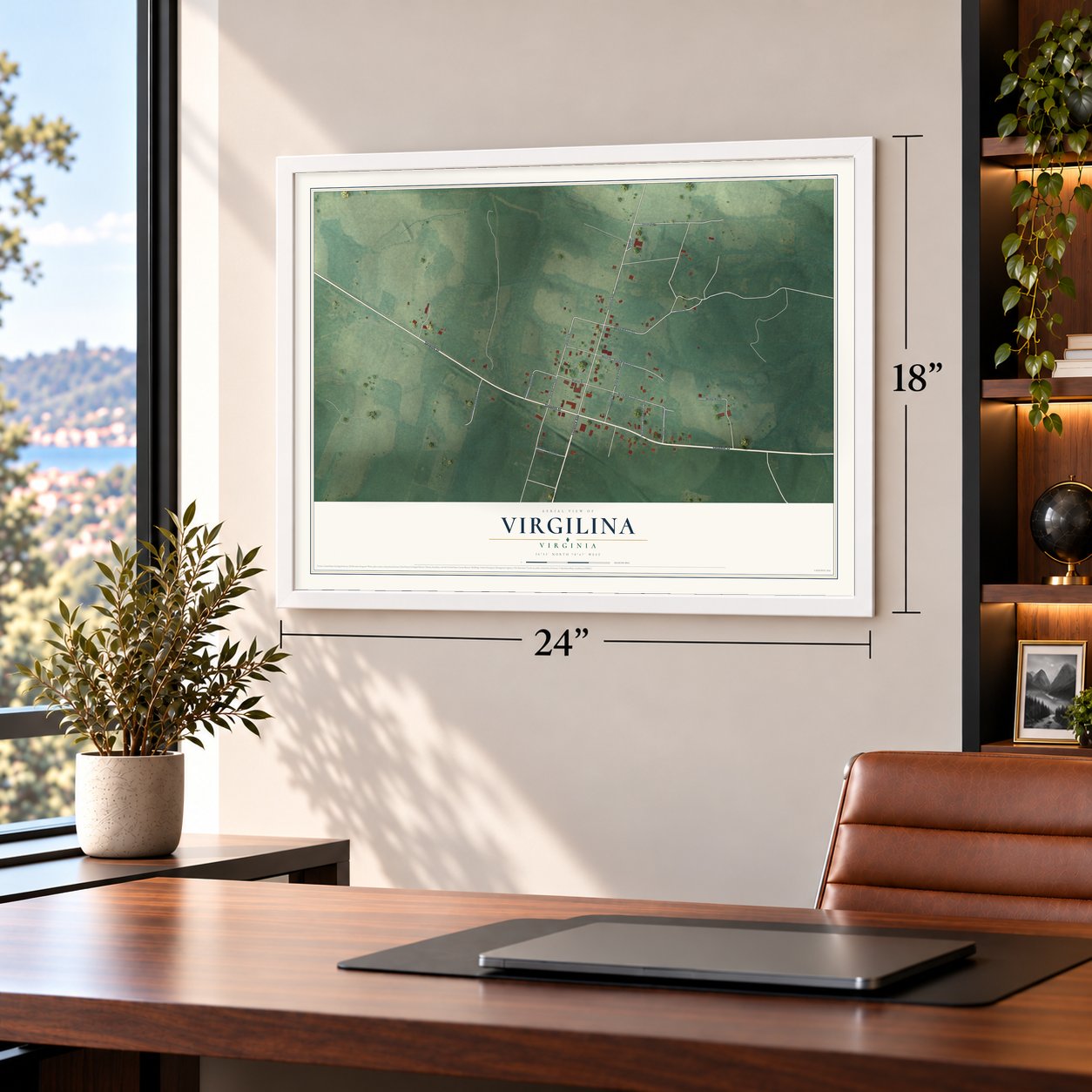 Virgilina, Virginia map, 18 x 24 inch print in a white frame in a home office