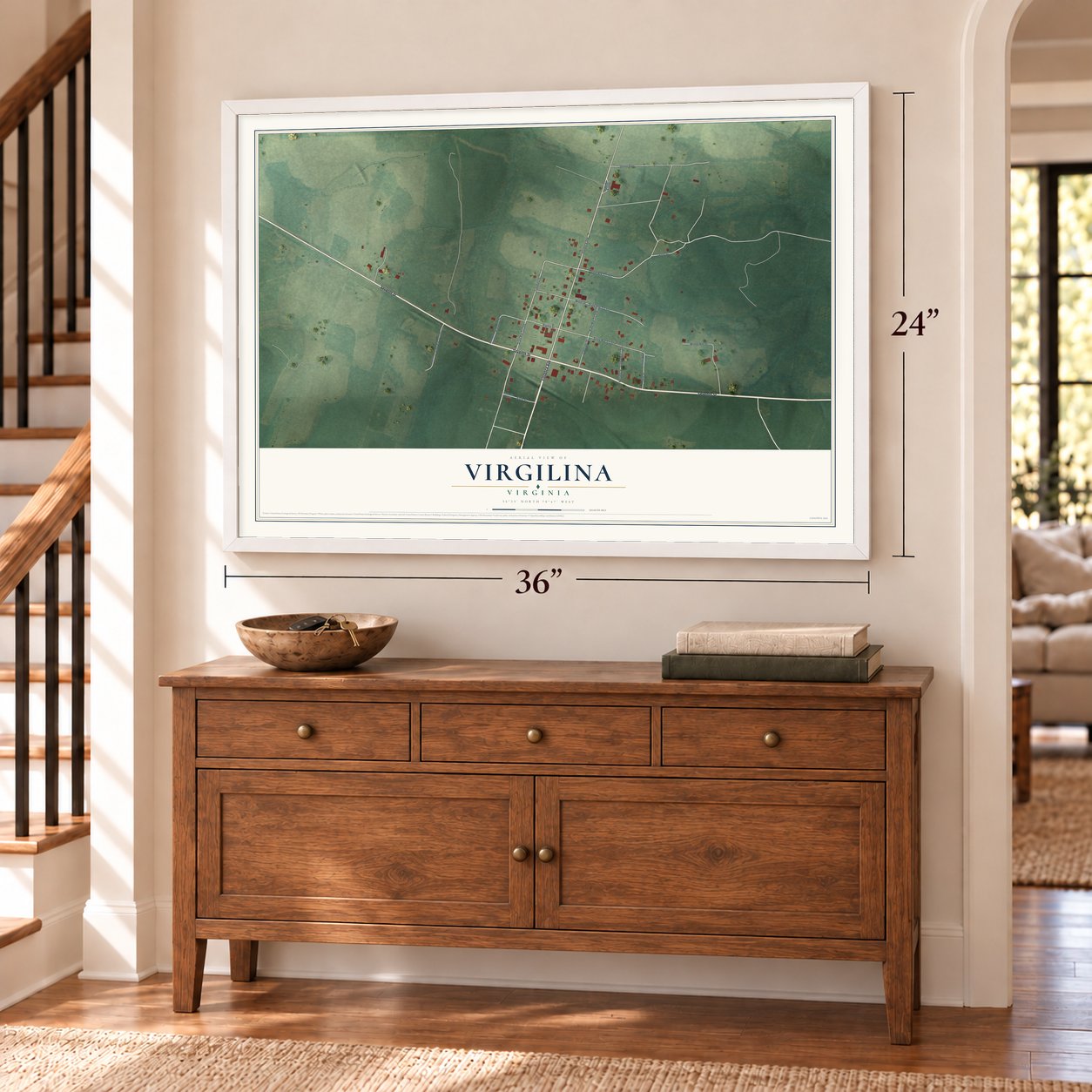 Virgilina, Virginia map, 24 x 36 inch print in a white frame above a dresser by a staircase