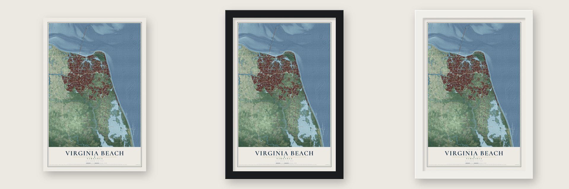 Virginia Beach, Virginia map unframed, in a black wood frame and in a white wood frame