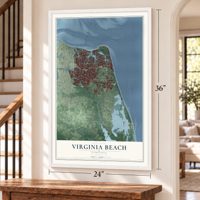 Virginia Beach, Virginia map, 24 x 36 inch print in a white frame by a staircase