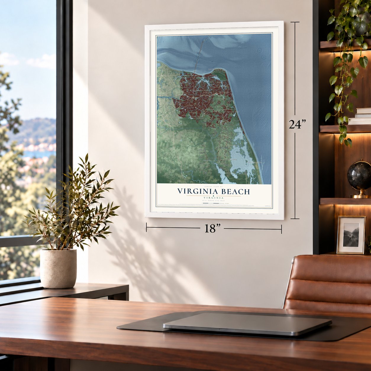 Virginia Beach, Virginia map, 18 x 24 inch print in a white frame in a home office