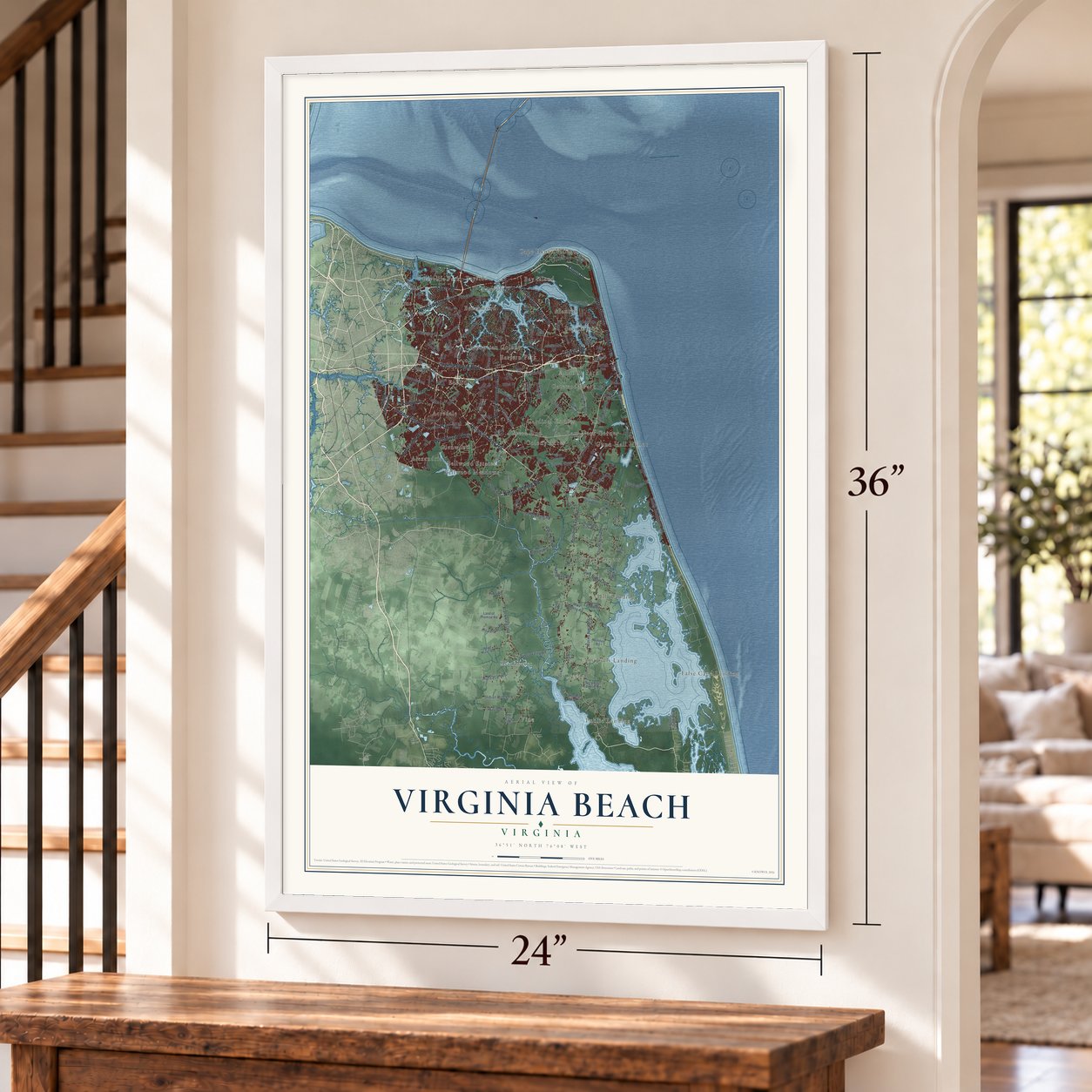 Virginia Beach, Virginia map, 24 x 36 inch print in a white frame by a staircase