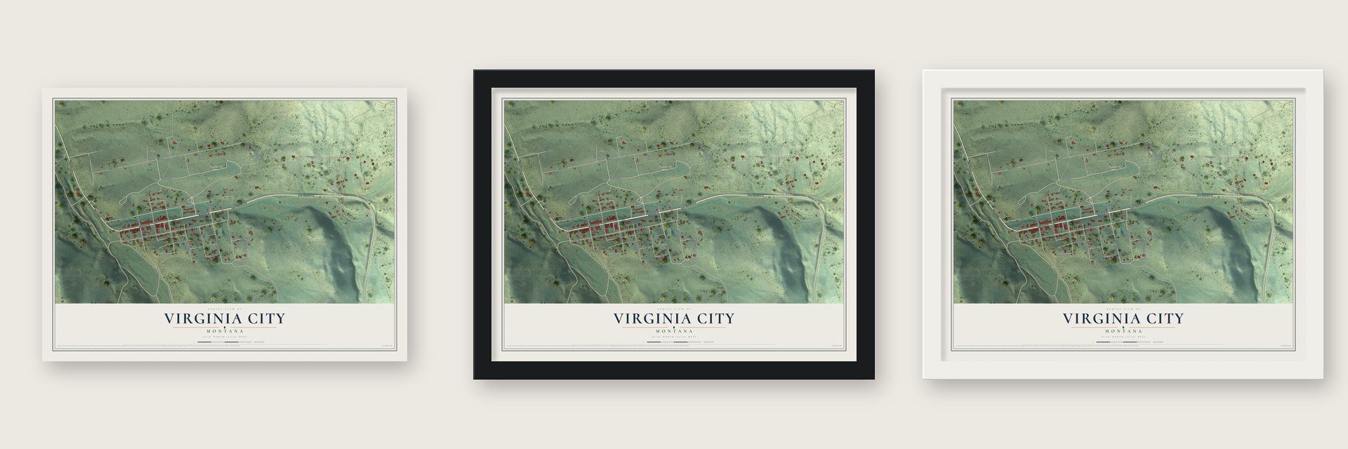 Virginia City, Montana map unframed, in a black wood frame and in a white wood frame