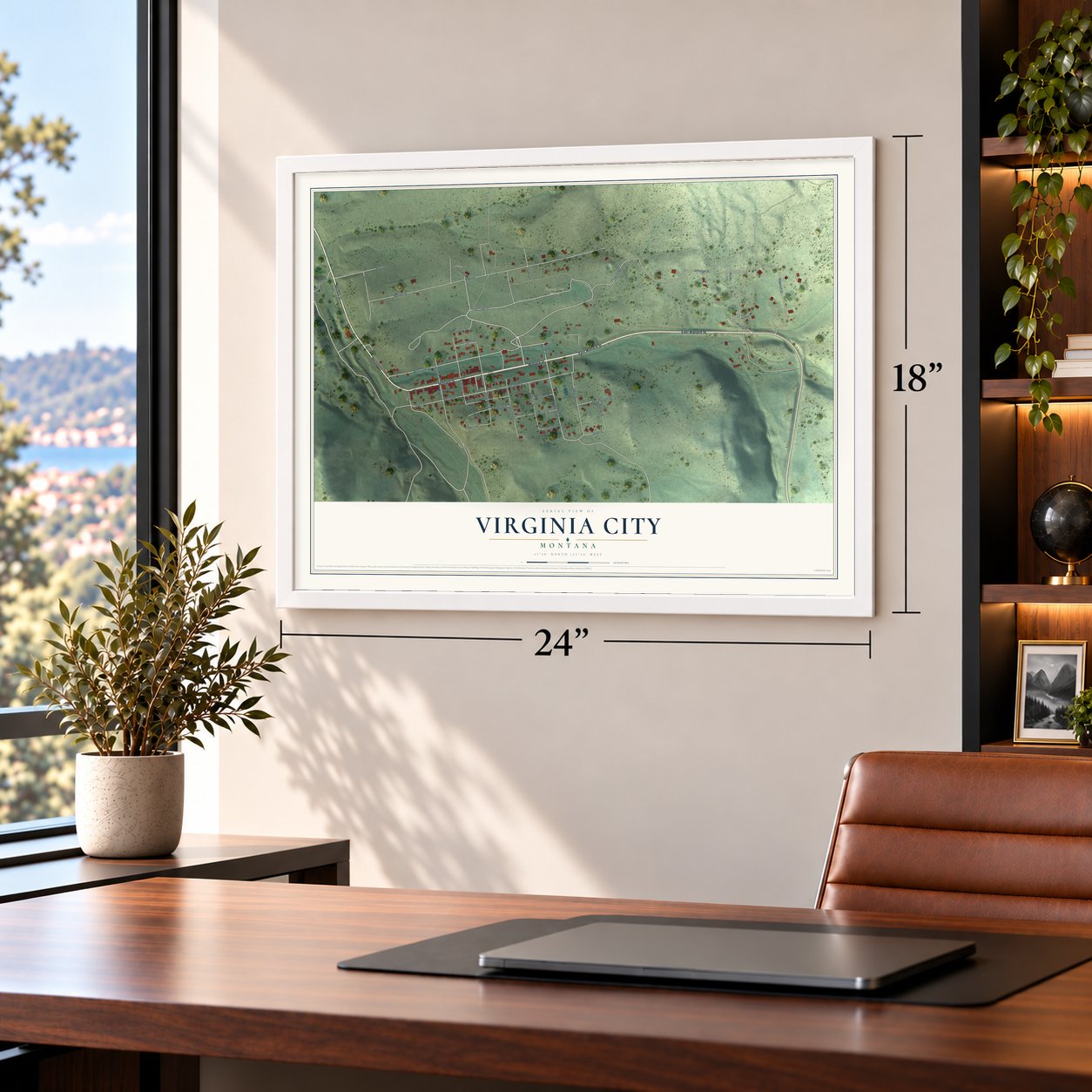 Virginia City, Montana map, 18 x 24 inch print in a white frame in a home office