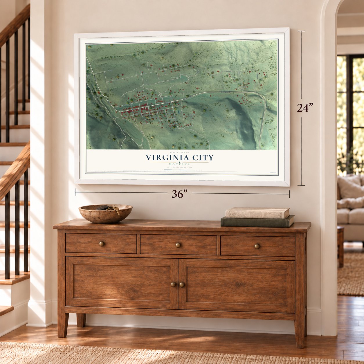 Virginia City, Montana map, 24 x 36 inch print in a white frame above a dresser by a staircase
