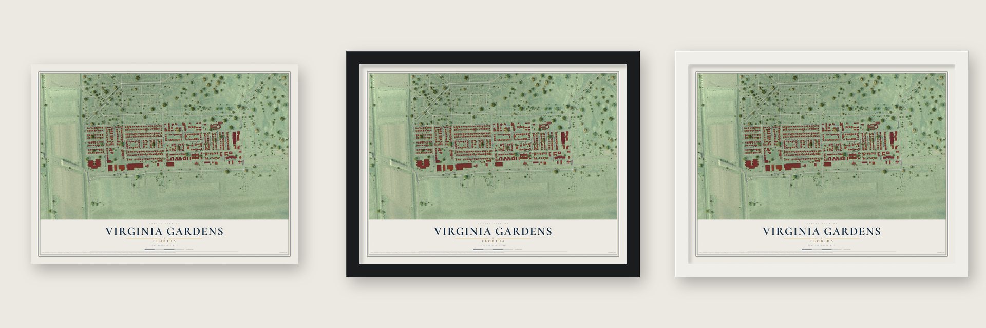 Virginia Gardens, Florida map unframed, in a black wood frame and in a white wood frame