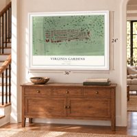 Virginia Gardens, Florida map, 24 x 36 inch print in a white frame above a dresser by a staircase
